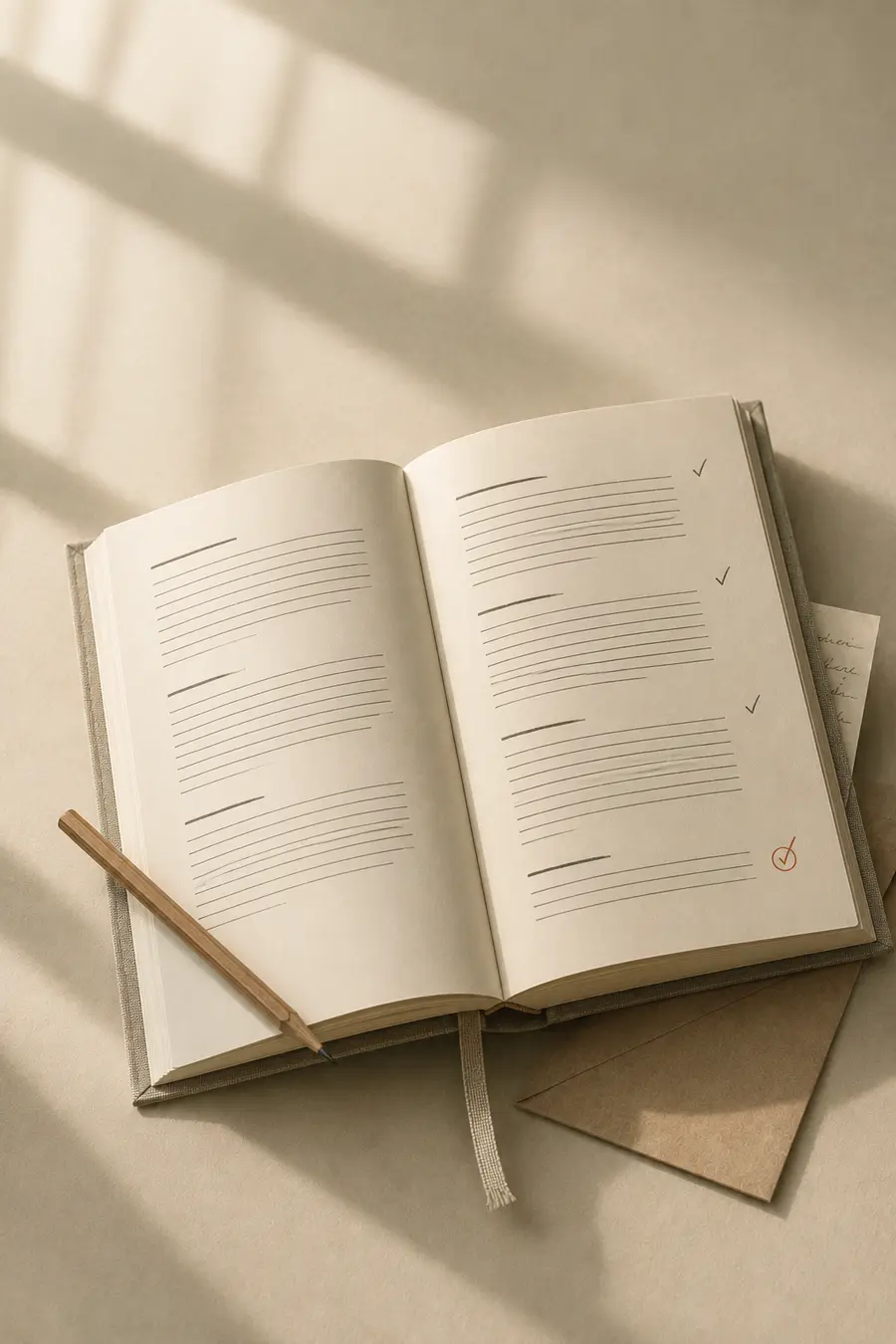 An open notebook on a cream desk, each line of notes ticked off, the last check in clay — a pencil and envelope beside it